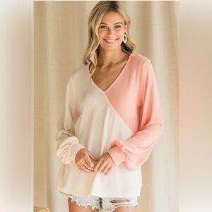 1. BRAND NEW BiBi Colorblock V-Neck Long Sleeve Top in Blush and Cream
